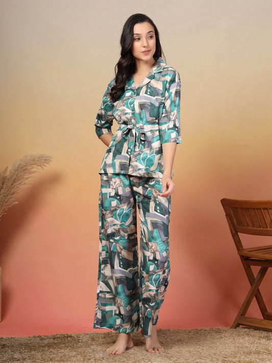Women Green Abstract Cotton Blend Night Suit with Robe