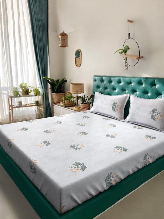 White Floral 400 TC Pure Cotton Super King Double Bedsheet with 2 Pillow Covers