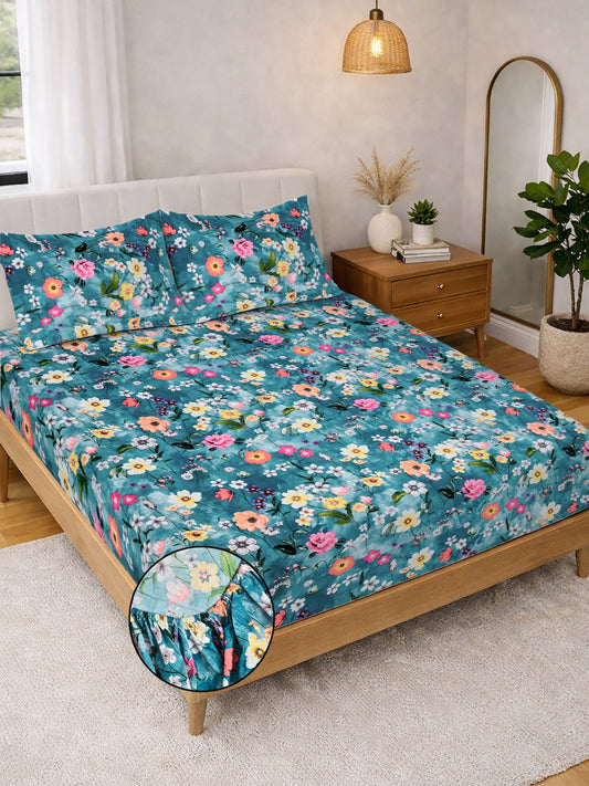 Blue Floral Cotton Blend Fitted Double Bedsheet with 2 Pillow Covers