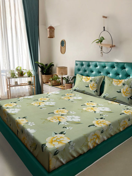 Green Floral 300 TC Cotton Blend Double Bedsheet with 2 Pillow Covers