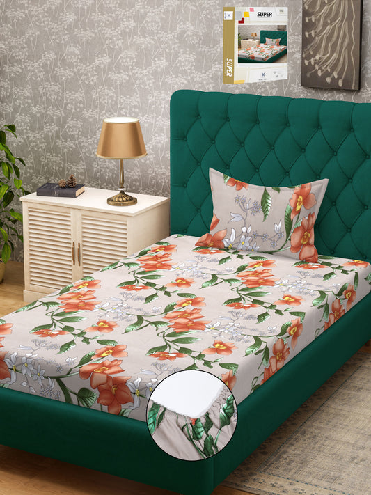 Klotthe Beige Floral 300 TC Cotton Blend Fitted Single Bedsheet Set in Book Fold Packing