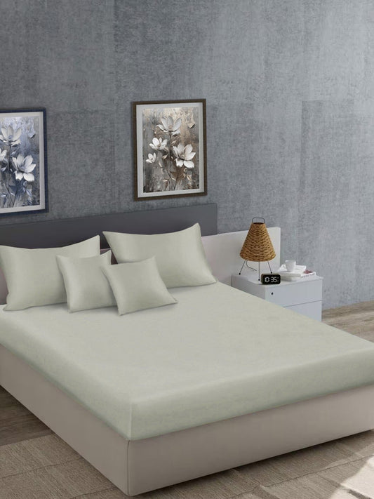 Cream Solid 400 TC Satin Super King Double Bedsheet with 2 Pillow Covers & 2 Cushion Covers