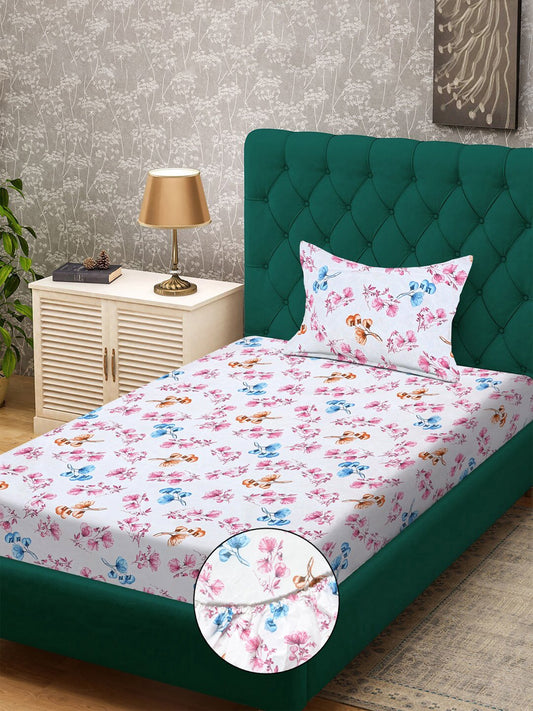 White Floral 300 TC Cotton Blend Fitted Single Bedsheet with Pillow Cover