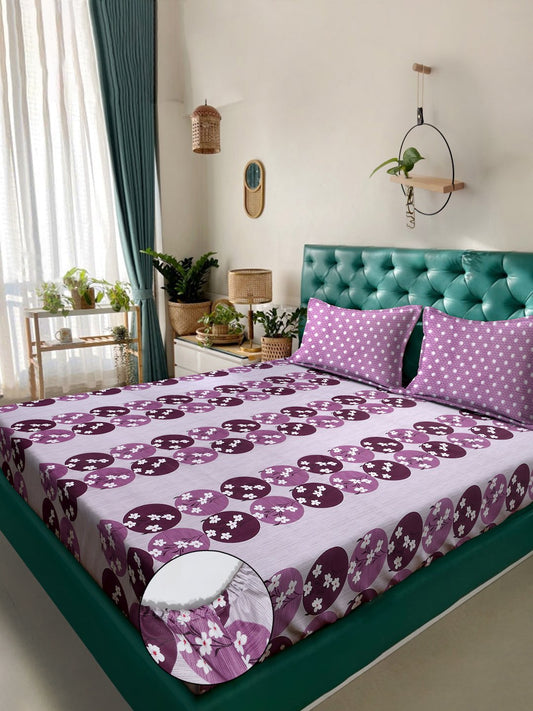 Purple Floral 400 TC Pure Cotton Fitted Double Bedsheet with 2 Pillow Covers