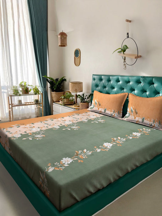 Green Floral 300 TC Cotton Blend Double Bedsheet in Book Fold Packing