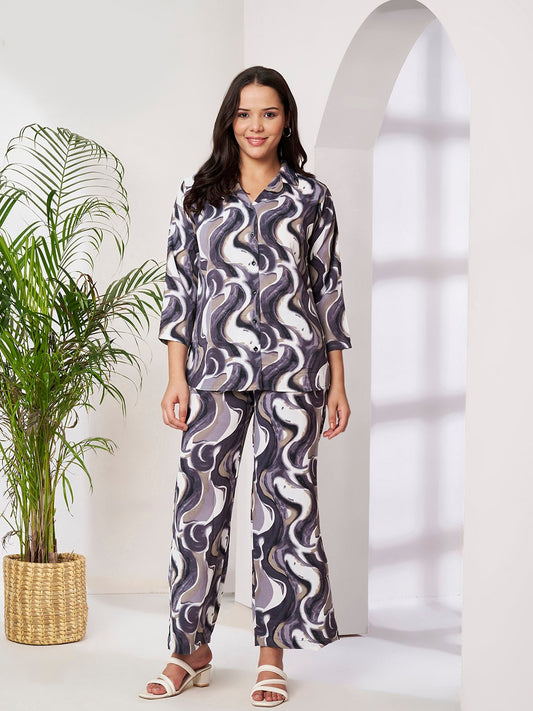 Purple Cotton Printed Shirt With Trousers Co-Ords Set