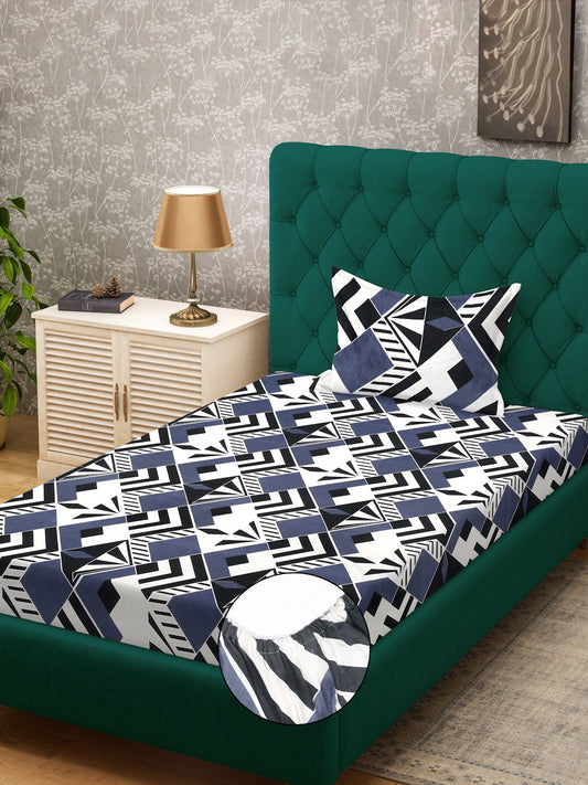Multi Geometric 300 TC Cotton Blend Fitted Single Bedsheet Set in Book Fold Packing