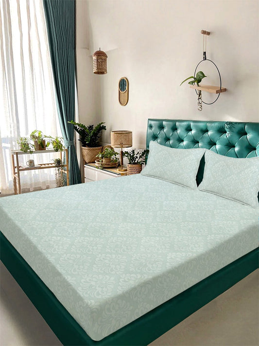 Green Floral Embossed Cotton Blend Double Bedsheet with 2 Pillow Covers