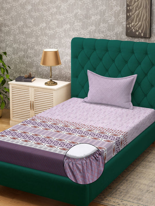 Purple Geometric 400 TC Pure Cotton Fitted Single Bedsheet with Pillow Cover