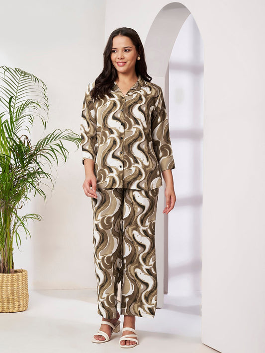 Brown Cotton Printed Shirt With Trousers Co-Ords Set