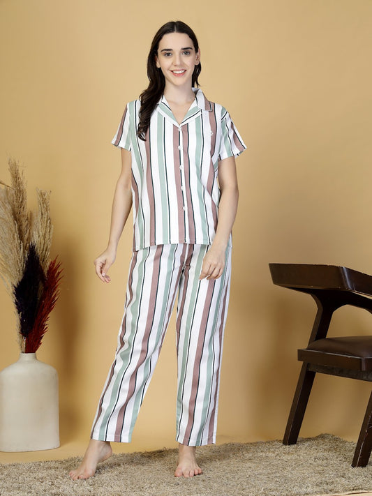 Women Multi Striped Cotton Blend Night Suit