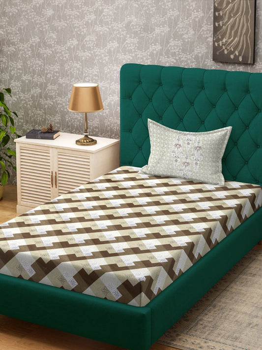 Brown Geometric 400 TC Pure Cotton Single Bedsheet with Pillow Cover