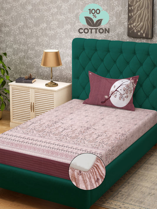 Klotthe Magenta Floral 400 TC Pure Cotton Fitted Single Bedsheet with Pillow Cover