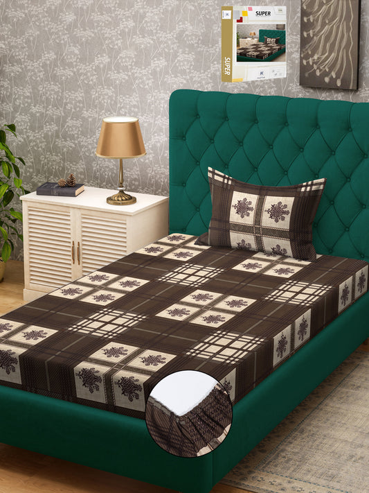 Klotthe Brown Geometric 300 TC Cotton Blend Fitted Single Bedsheet Set in Book Fold Packing