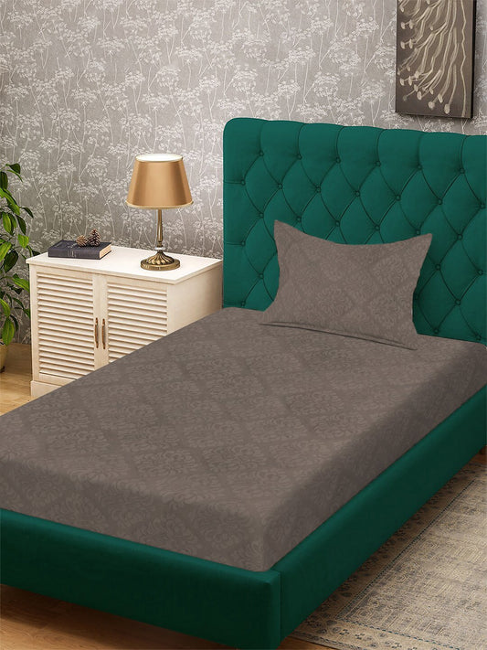 Brown Floral Embossed Cotton Blend Single Bedsheet with Pillow Cover