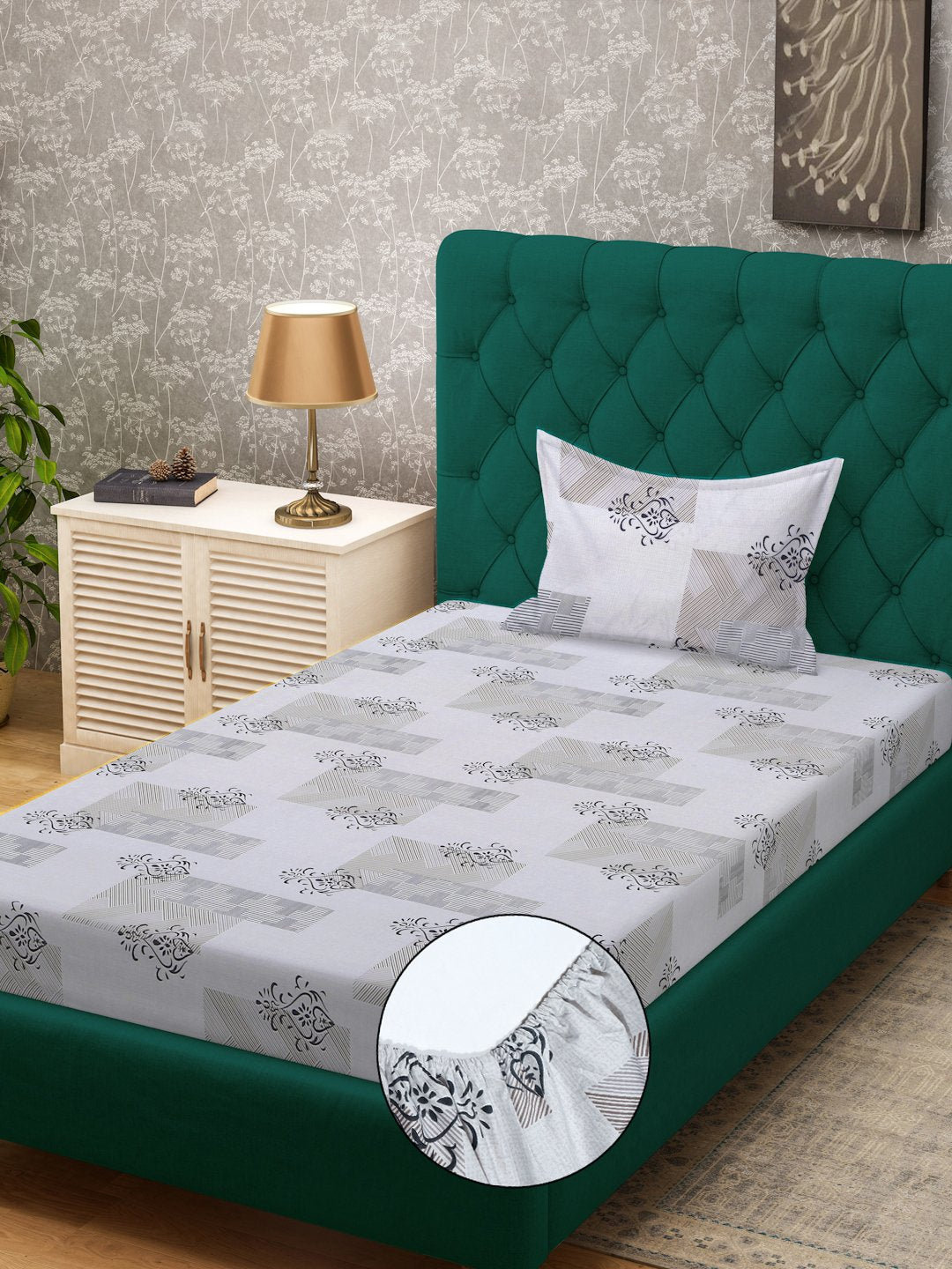 Grey Ethnic Motifs 300 TC Cotton Blend Fitted Single Bedsheet with Pillow Cover