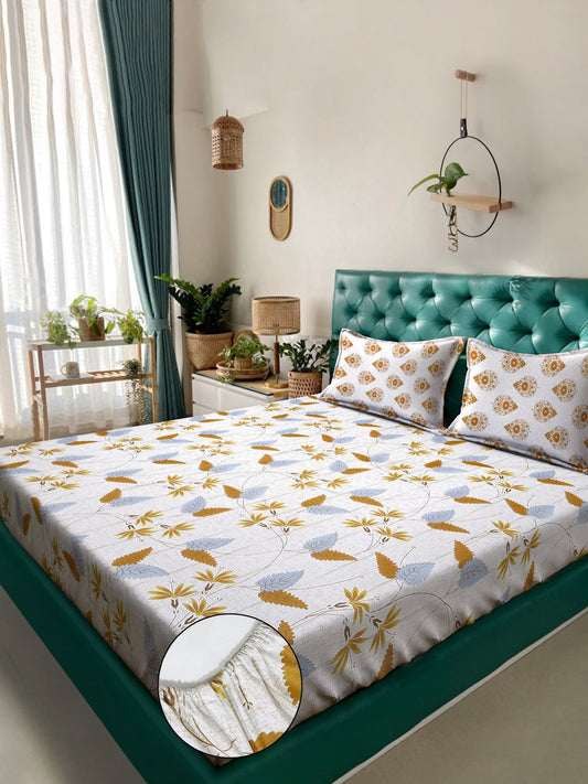 Cream Floral 400 TC Pure Cotton Fitted Double Bedsheet with 2 Pillow Covers