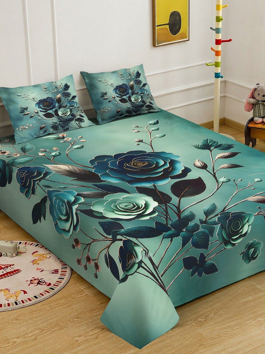 Green Digital Floral Printed Cotton Blend Double Bedsheet with 2 Pillow Covers
