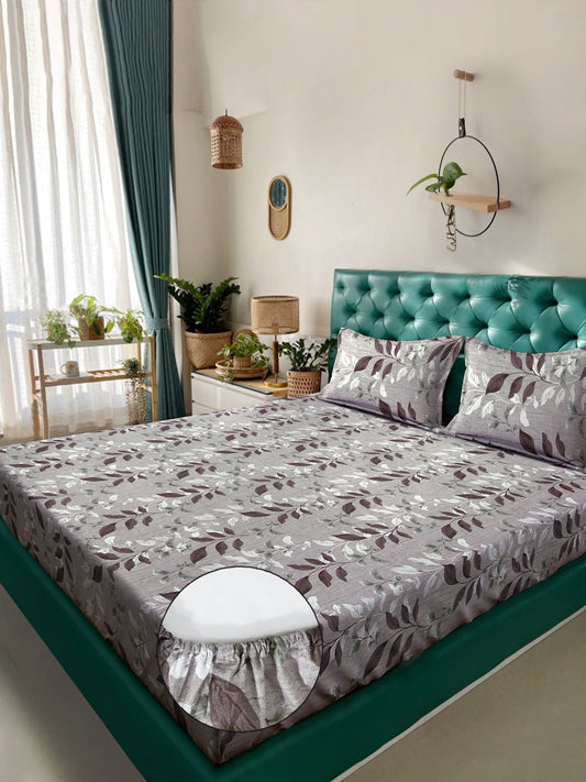 Brown Floral 400 TC Pure Cotton Fitted Double Bedsheet with 2 Pillow Covers