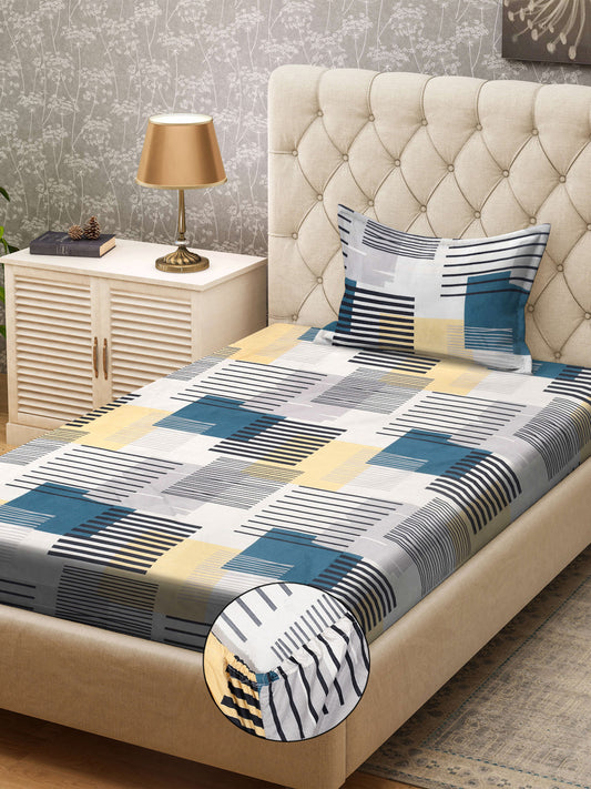 Klotthe Multicolor Geometric 300 TC Cotton Blend Fitted Single Bedsheet with Pillow Cover