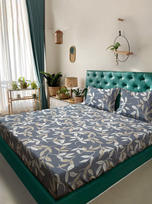 Grey Floral 300 TC Cotton Blend Double Bedsheet with 2 Pillow Covers