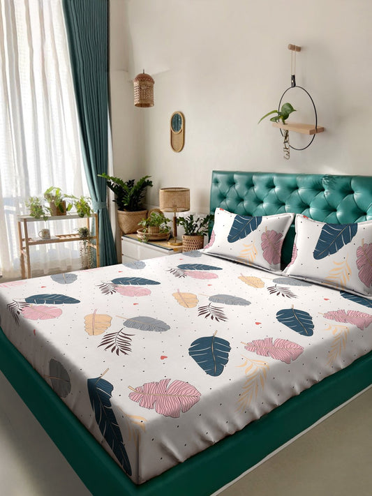 Cream Floral 300 TC Cotton Blend Fitted Double Bedsheet with 2 Pillow Covers