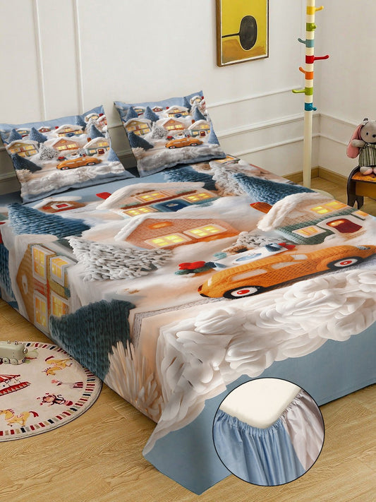 Multi Digital Cartoon Characters Printed Cotton Blend Fitted Double Bedsheet with 2 Pillow Covers