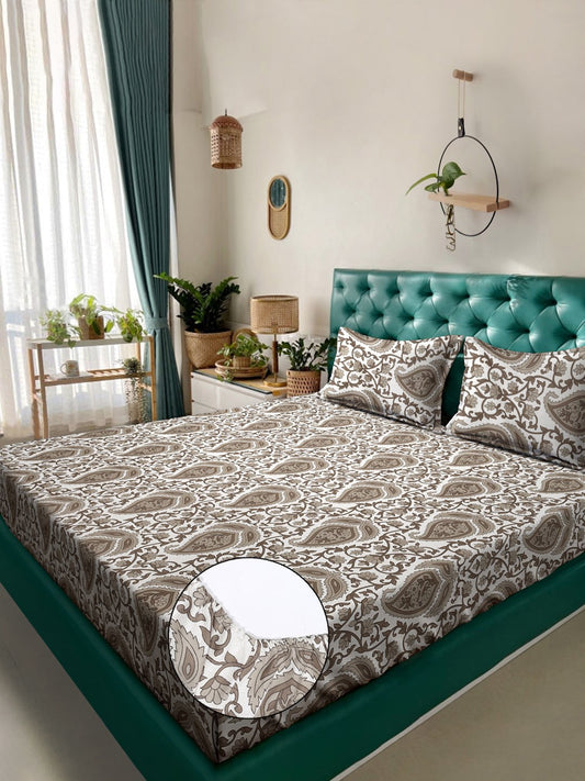 Book Fold Begie Floral 300 TC Cotton Blend Fitted Double Bedsheet with 2 Pillow Covers