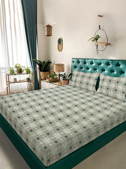 Green Geometric 300 TC Cotton Blend Double Bedsheet with 2 Pillow Covers