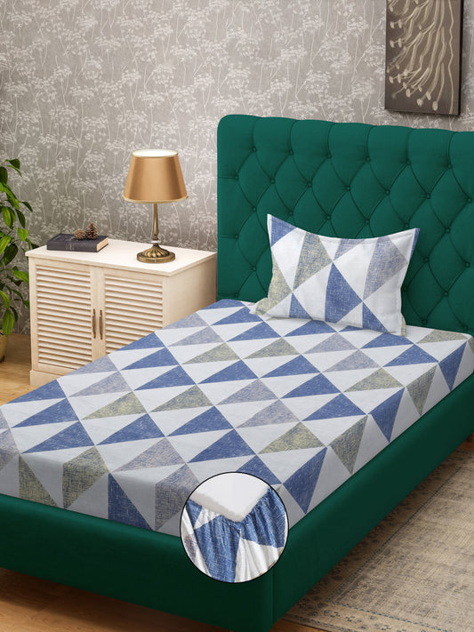 Klotthe Multicolor Geometric 300 TC Cotton Blend Fitted Single Bedsheet with Pillow Cover