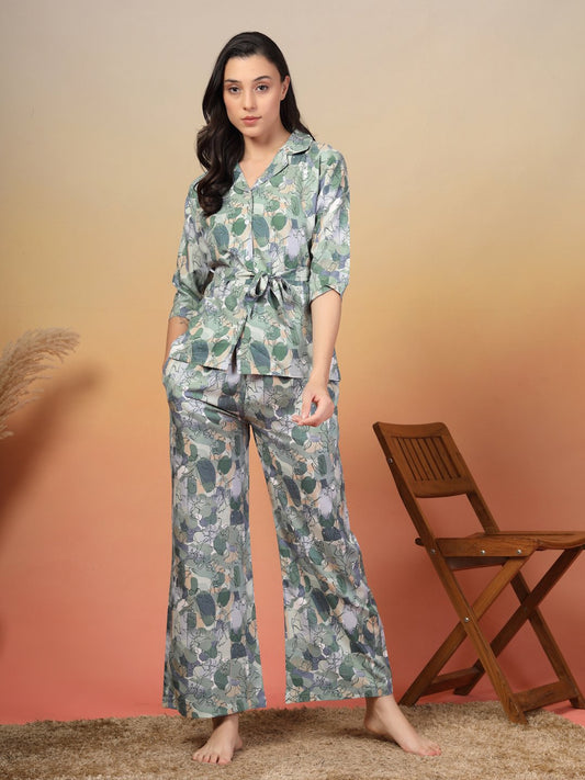 Women Green Floral Cotton Blend Night Suit with Robe