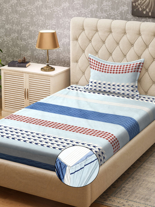 Klotthe Multicolor Striped 300 TC Cotton Blend Fitted Single Bedsheet with Pillow Cover
