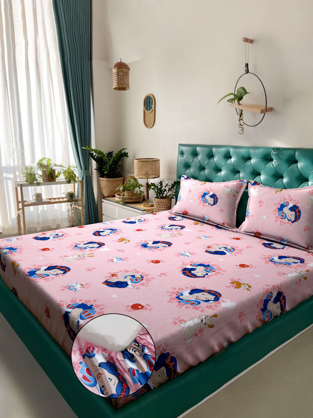 Klotthe Pink Cartoon Characters 400 TC Pure Cotton Fitted Double Bedsheet  with Pillow Covers