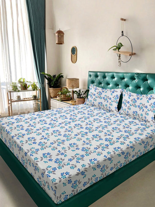 White Floral 300 TC Cotton Blend Double Bedsheet with 2 Pillow Covers