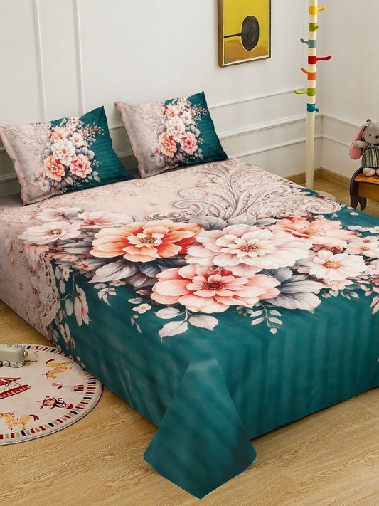 Green Digital Floral Printed Cotton Blend Double Bedsheet with 2 Pillow Covers