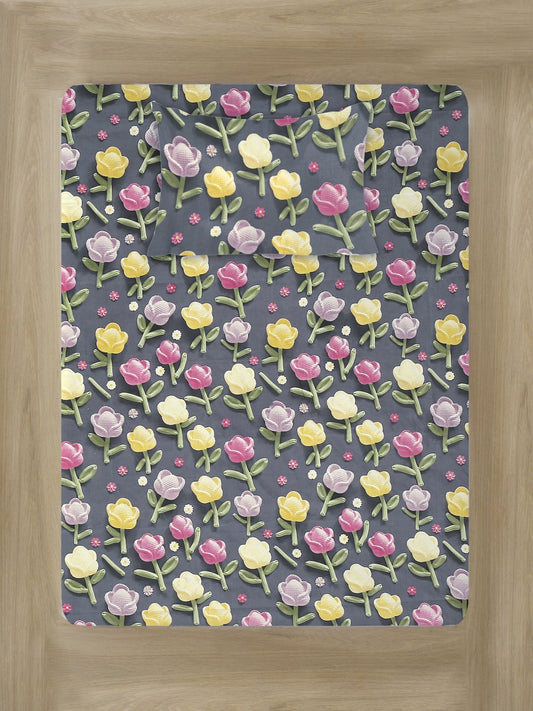 Grey Floral 7D Cotton Blend Fitted Single Bedsheet with Pillow Cover