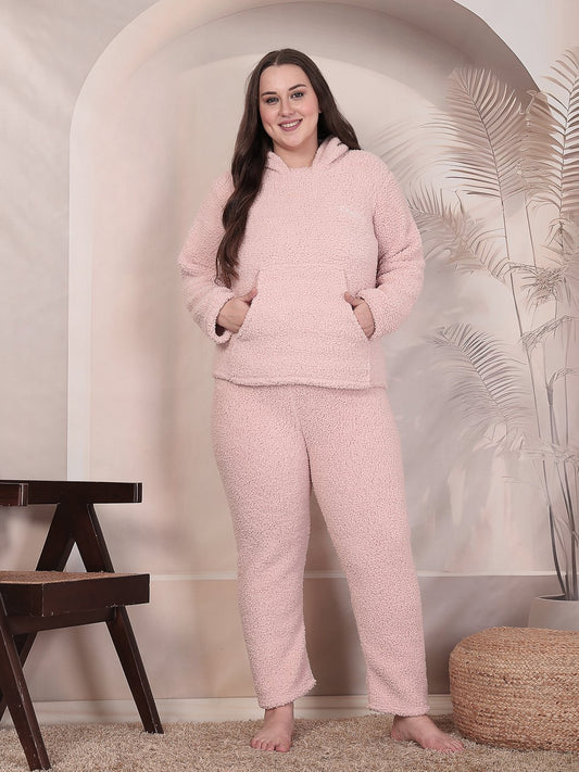 Women Light Pink Solid Sherpa Heavy Winter Hooded Pluz Size Woolen Night Suit