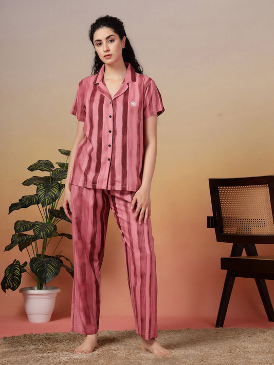 Women Red Striped Pure Cotton Night Suit