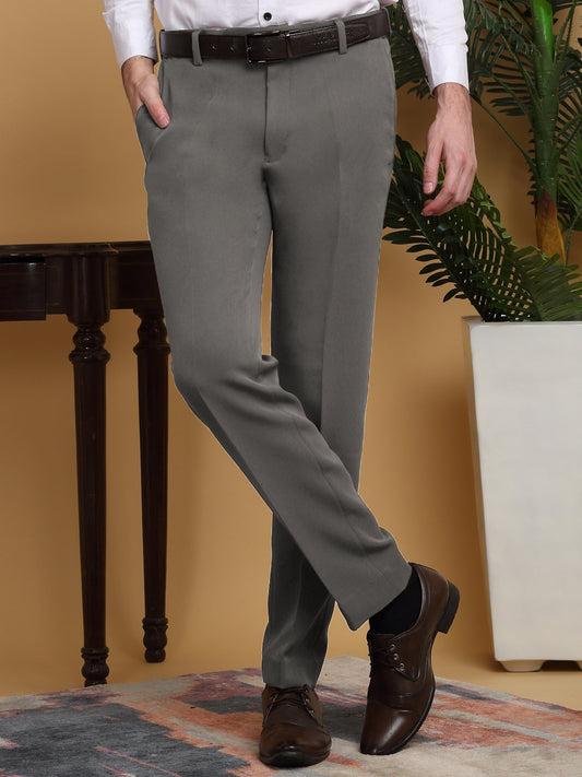 Grey Lycra Cotton Elastic Solid Slim Fit Formal Trouser