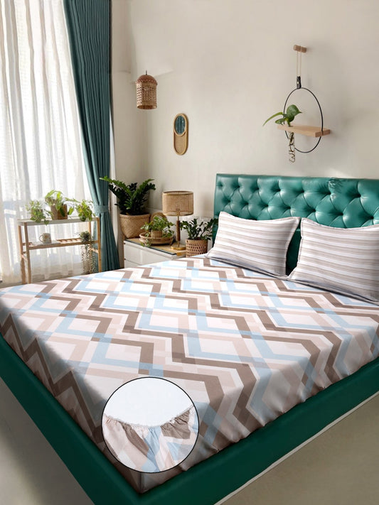 Multi Abstract 300 TC Cotton Blend Fitted Double Bedsheet with 2 Pillow Covers