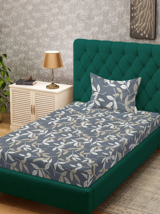 Grey Floral 300 TC Cotton Blend Single Bedsheet with Pillow Cover