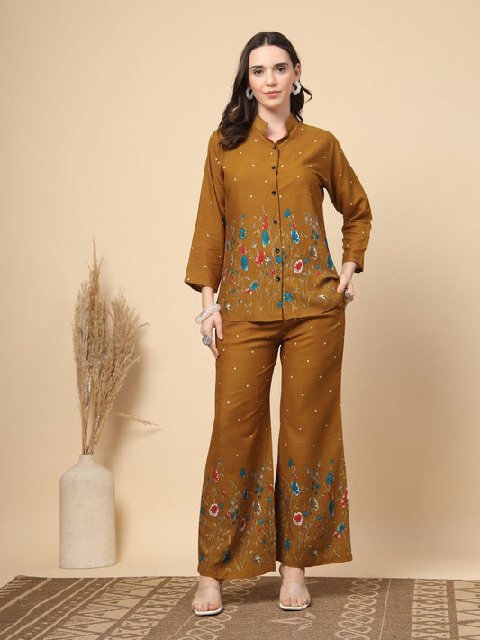 Mustard Cotton Printed Shirt With Trousers Co-Ords Set