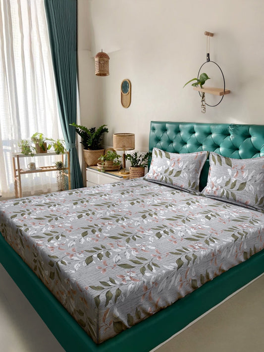 Grey Floral 400 TC Pure Cotton Double Bedsheet with 2 Pillow Covers