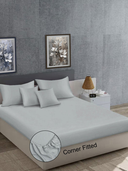 Grey Solid 400 TC Satin Fitted Super King Double Bedsheet with 2 Pillow Covers & 2 Cushion Covers