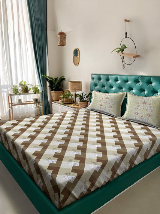 Brown Geometric 400 TC Pure Cotton Super King Double Bedsheet with 2 Pillow Covers