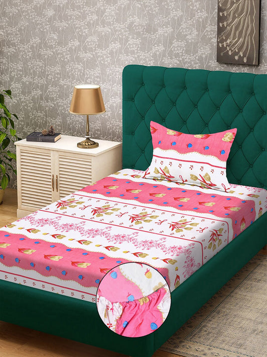 Pink Floral 300 TC Cotton Blend Fitted Single Bedsheet with Pillow Cover