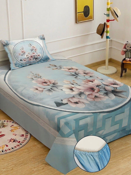SkyBlue Digital Floral Printed Cotton Blend Fitted Single Bedsheet with Pillow Cover
