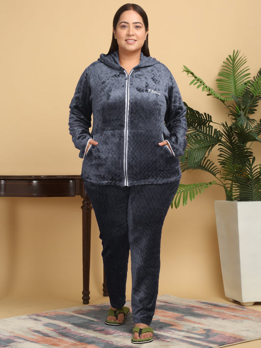 Women Grey Solid Hooded Woolen Night Suit