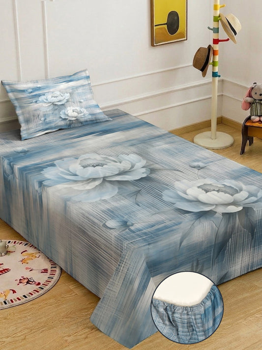Blue Digital Floral Printed Cotton Blend Fitted Single Bedsheet with Pillow Cover