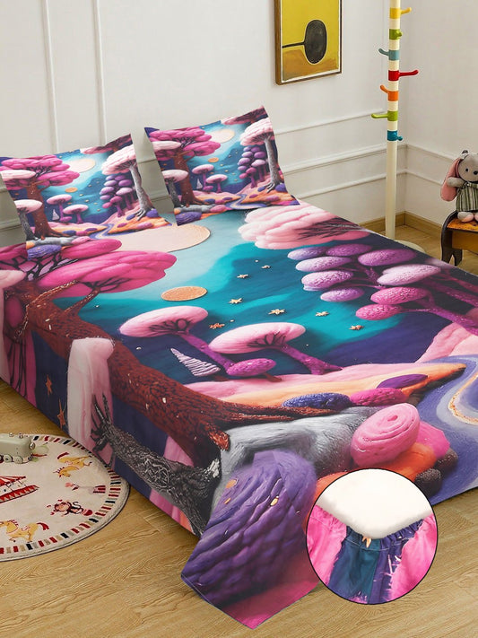 Purple 7D Floral Printed Fitted Cotton Blend Double Bedsheet with 2 Pillow Covers